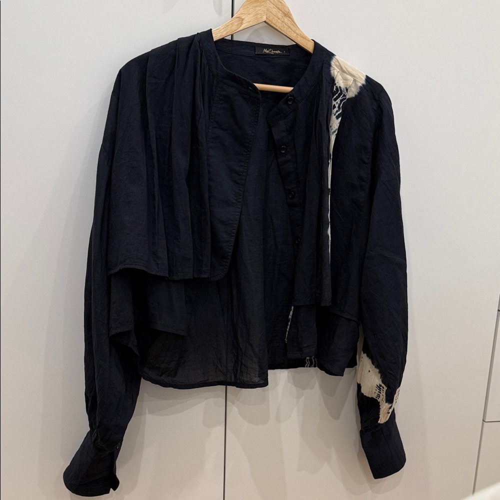 Mes Demoiselles Navy and Cream Draped Button-Front Blouse